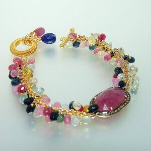 Sapphire Diamond Bezel Briolette Bracelet Vermeil Sterling Silver Toggle Clasp